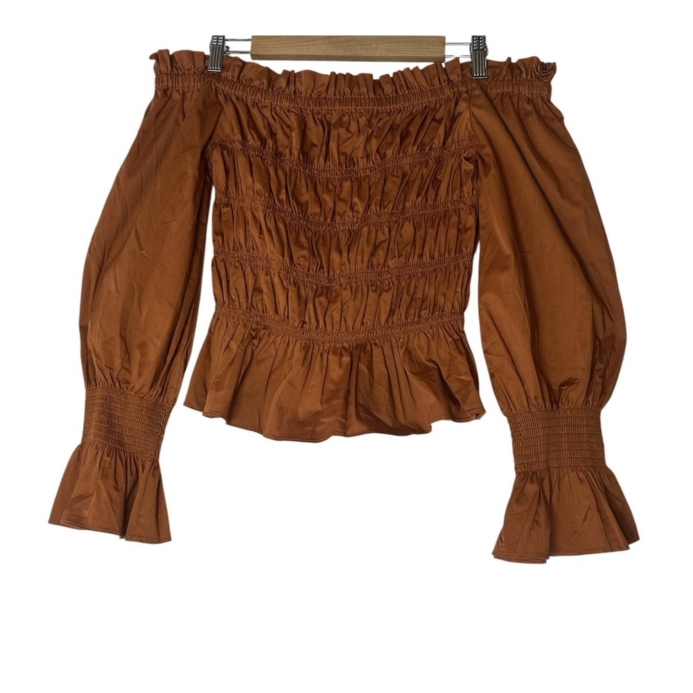 House of Harlow Top Women's Medium Off Shoulder Stretch Smocked Rust Long Sleeve